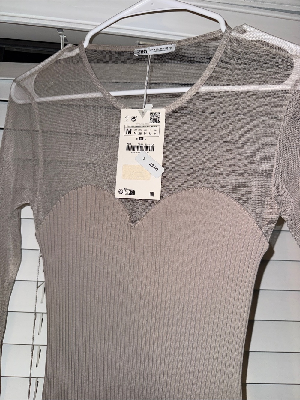 Zara Taupe Ribbed Midi Dress with Sheer Long Sleeves